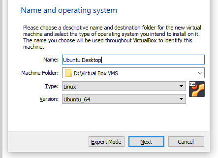 Virtual Box initial setup of Virtual Machine