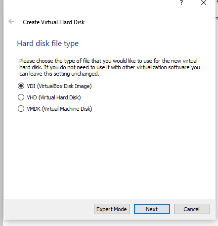 Virtual Box. Defining the file type to use for the Virtual File