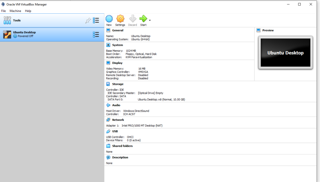 Virtual Box. The Ubuntu Virtual Machine settings