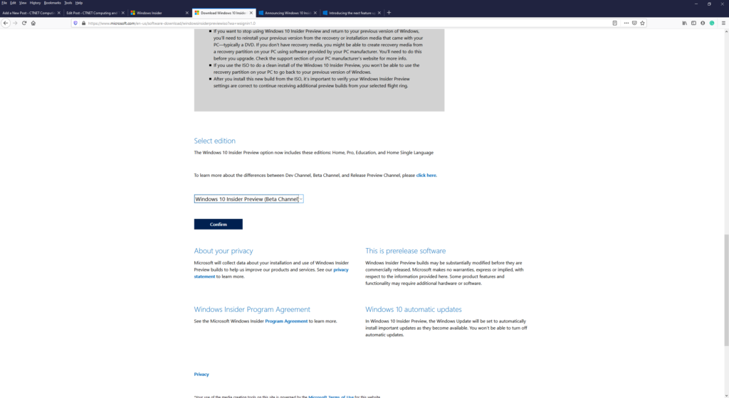 Selecting widows iso from windows insider website.