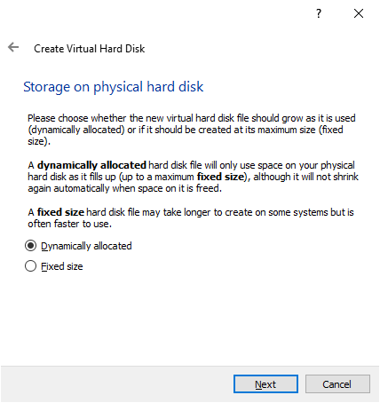 Dynamic or fixed size virtual harddrive set up