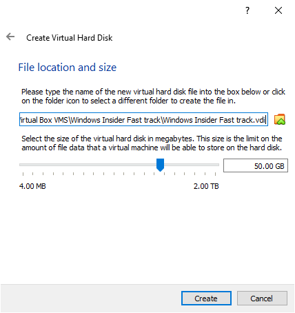 Confirming size of the Virtual drive and the location where the virtual drive file will be saved.