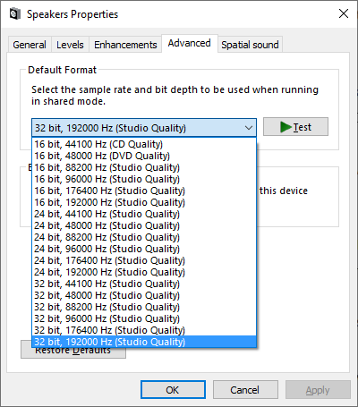 A screenshot of the sample rates available for the iFi Zen DAC after the windows drives had been downloaded and installed.