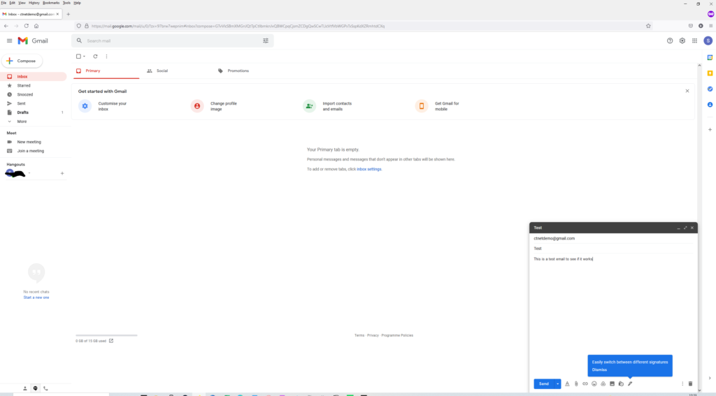 Creating and sending an email in the Gmail web app.