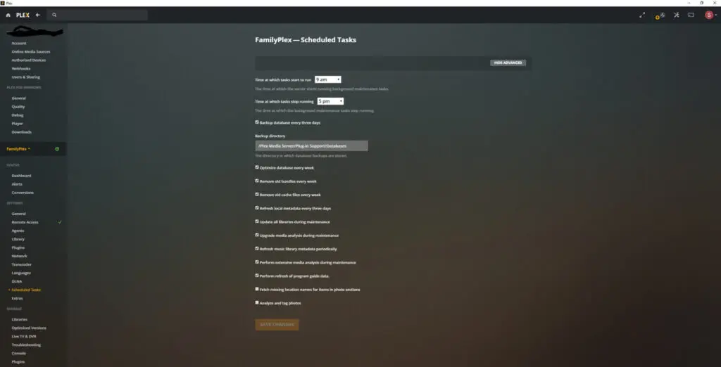 Screen shot of my scheduled tasks on Plex