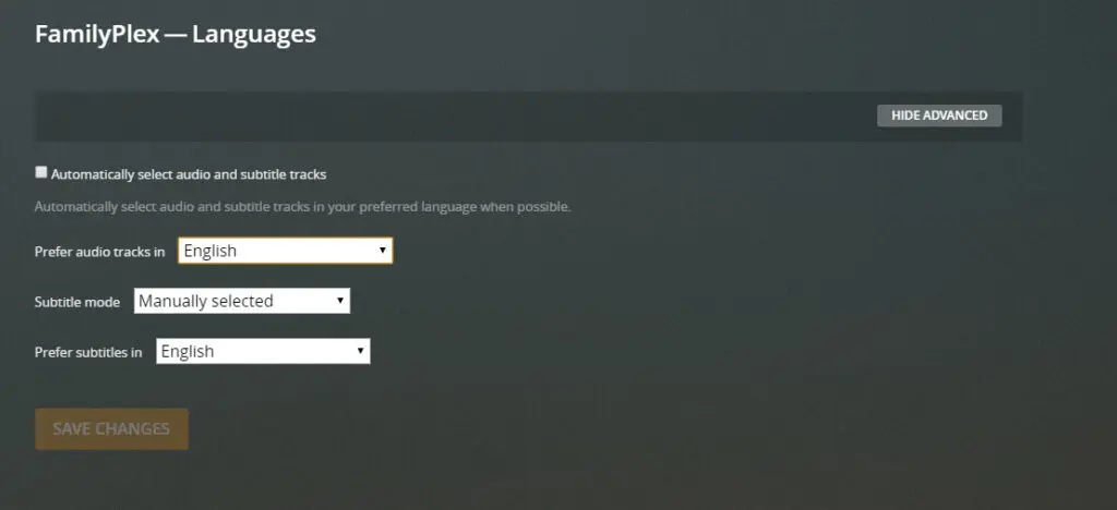 Available subtitle and languages settings in Plex