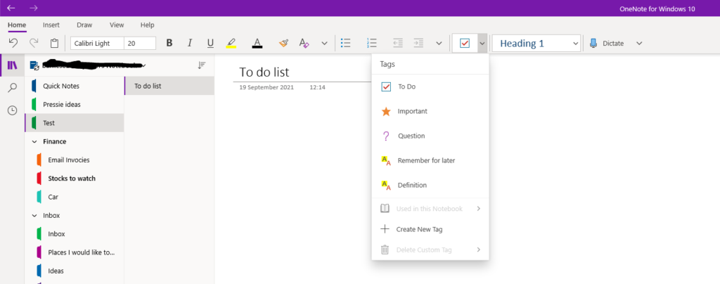 Creating a to-do list in the OneNote windows 10 application