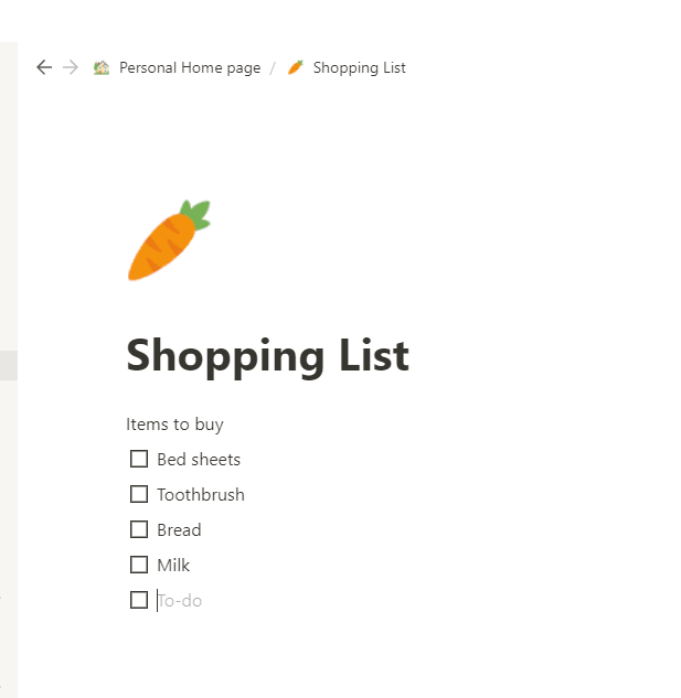 an example of a to do list from my Notion shopping list