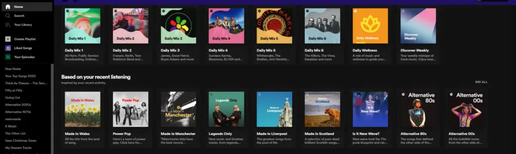 My daily mixes on the Spotify home page