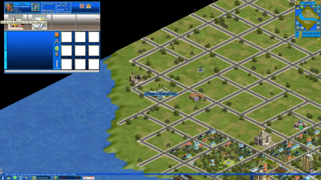 The factory screen where you can select and manage the goods your factory produces.