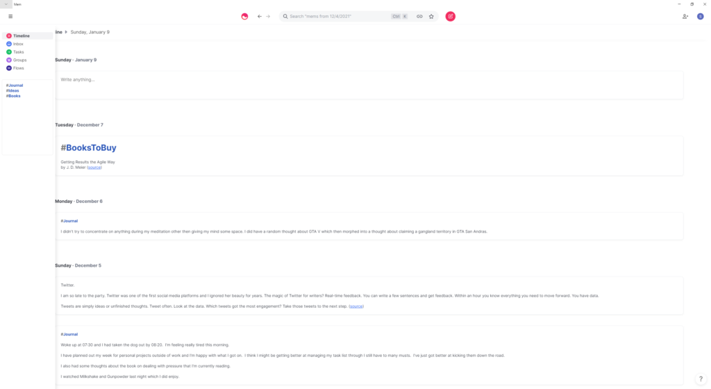 A screenshot of the Mem note taking application