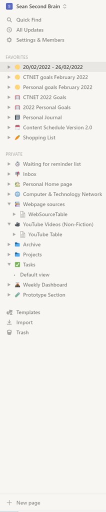 Notion left hand menu