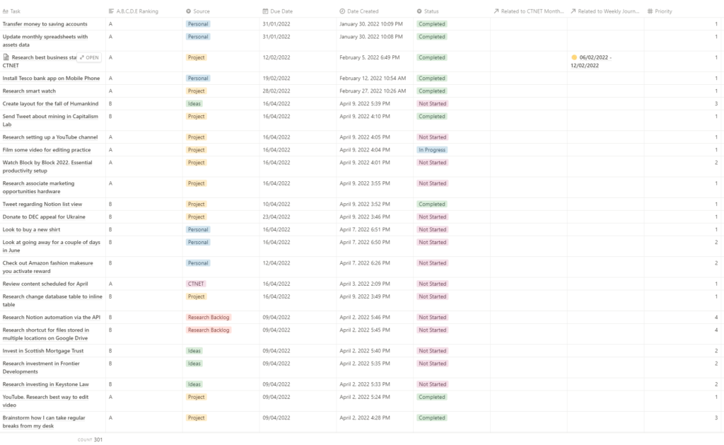 Notion task list