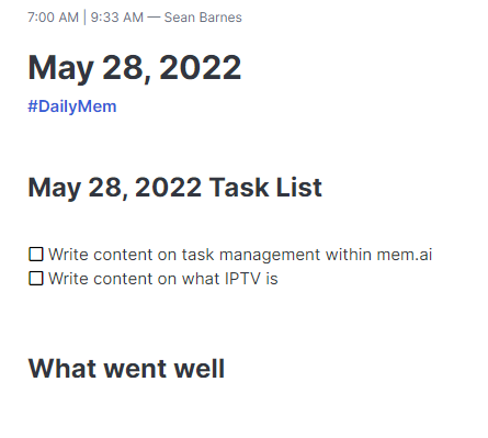 tasks added to my daily journal using the mem.ai application