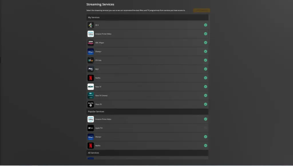 The Plex streaming services set upselection screen