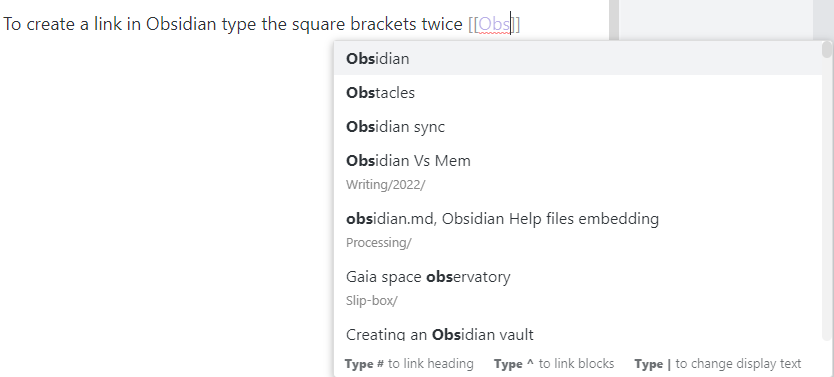 An image showing have to create links in Obsidian