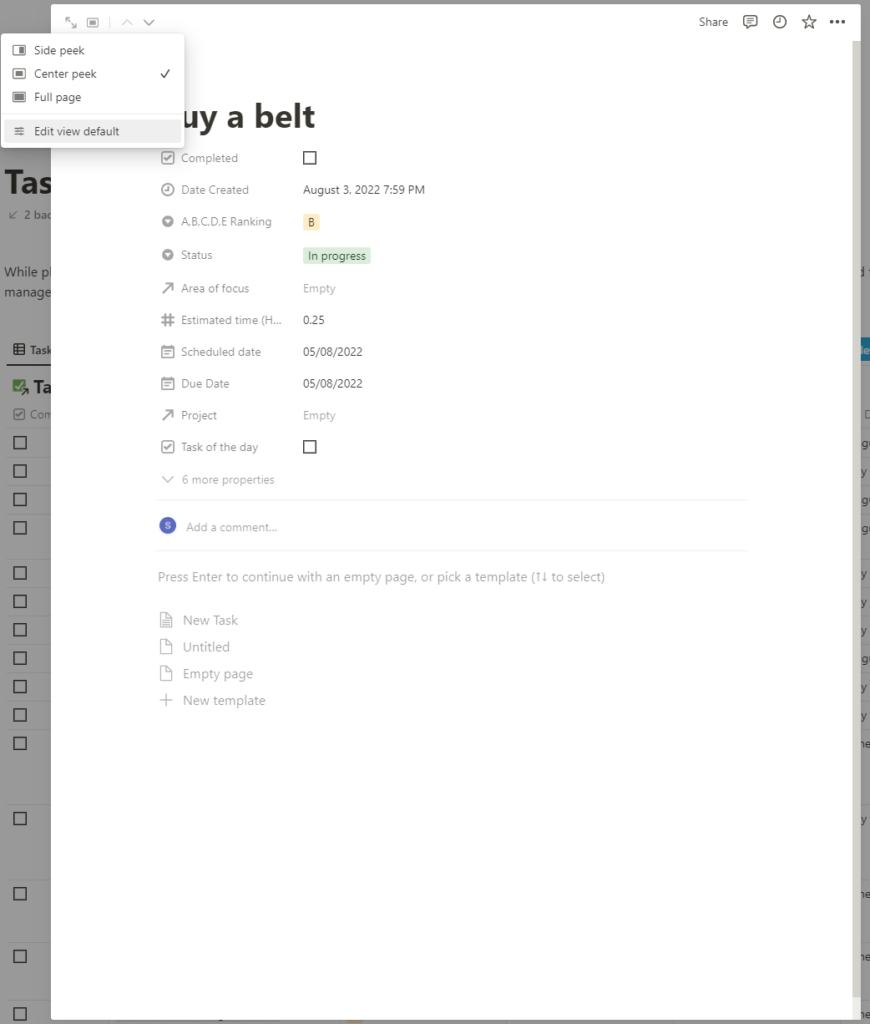 Notion peek view menu displayed within my Notion task list database
