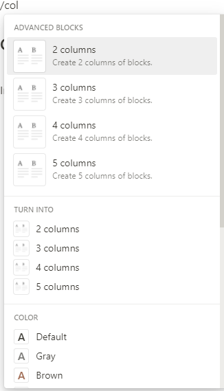 Accessing the column blocks via the Notion command menu