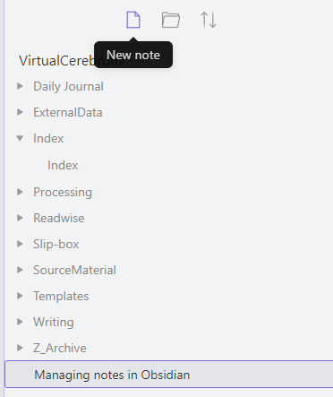 Image showing the location of the new note icon in the Obsidian file panel