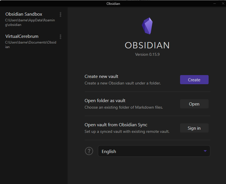 Obsidian starting screen