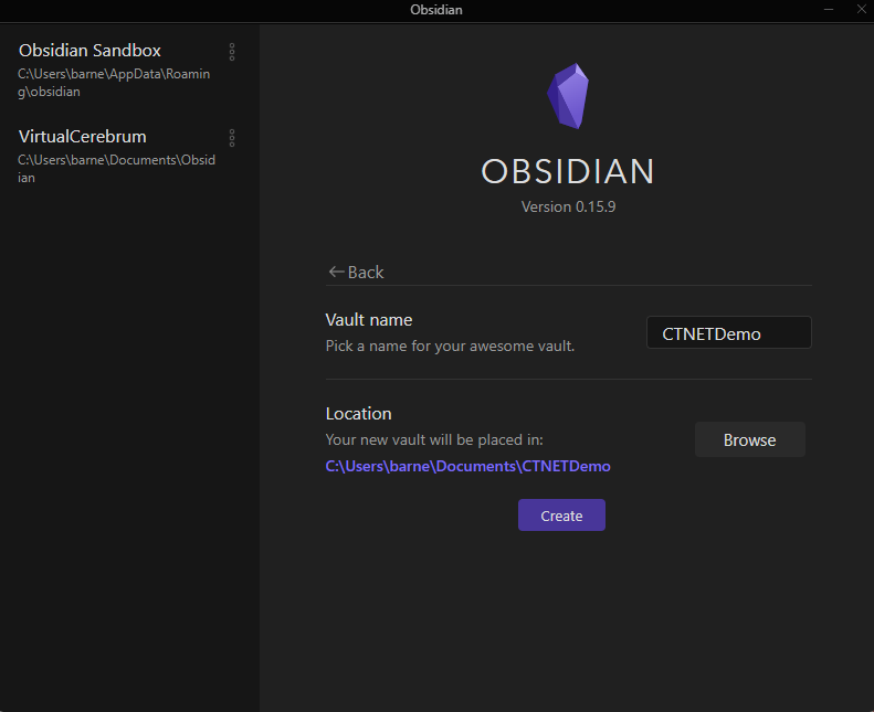 Obsidian vault creation screen.
