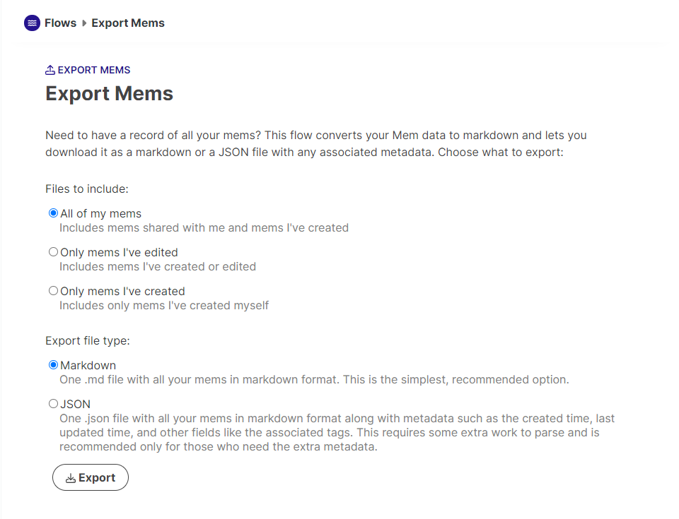 Exporting notes from Mem setup