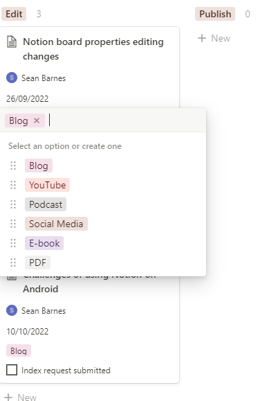Notion board view editing, selecting from a menu.