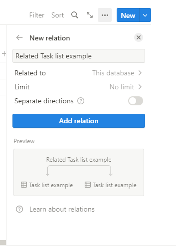 Properties for a Notion database internal relationship