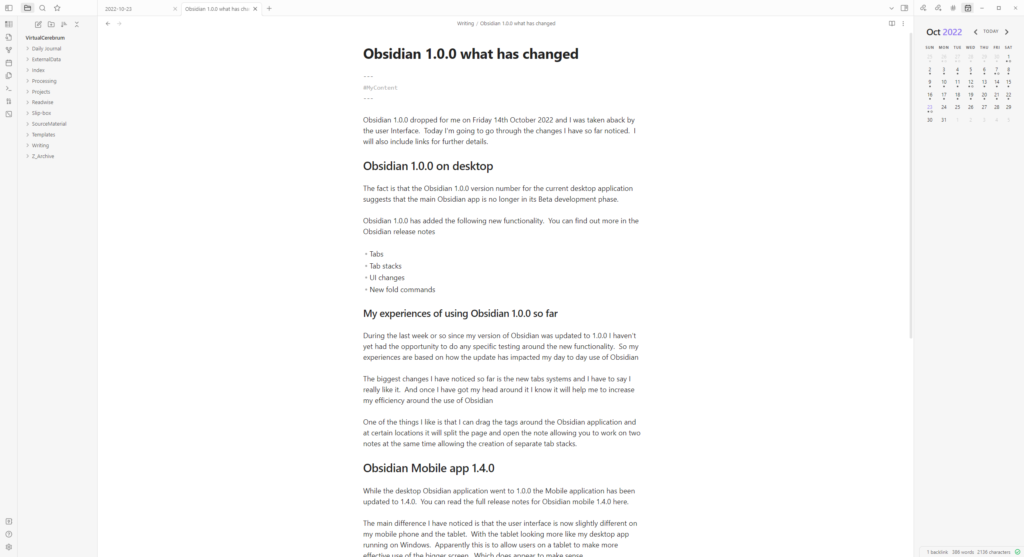 Obsidian 1.0.0 desktop application running on Windows 11