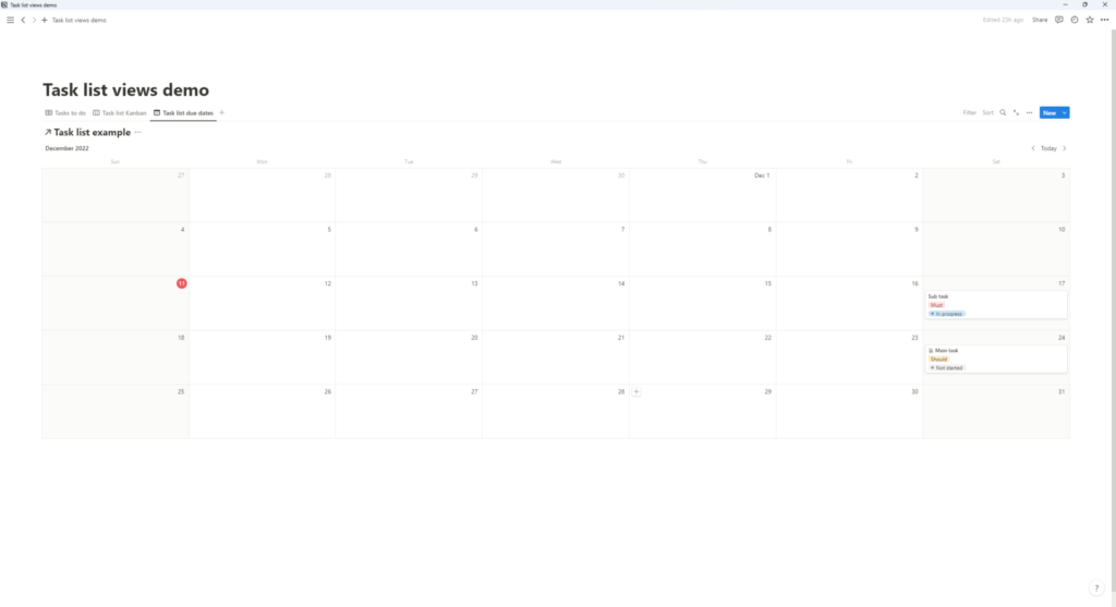 Calendar view of my Notion tasklist