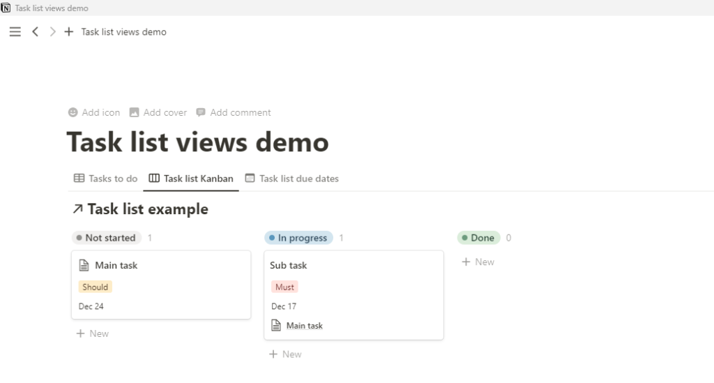 Notion Kanban view of a Notion task list.