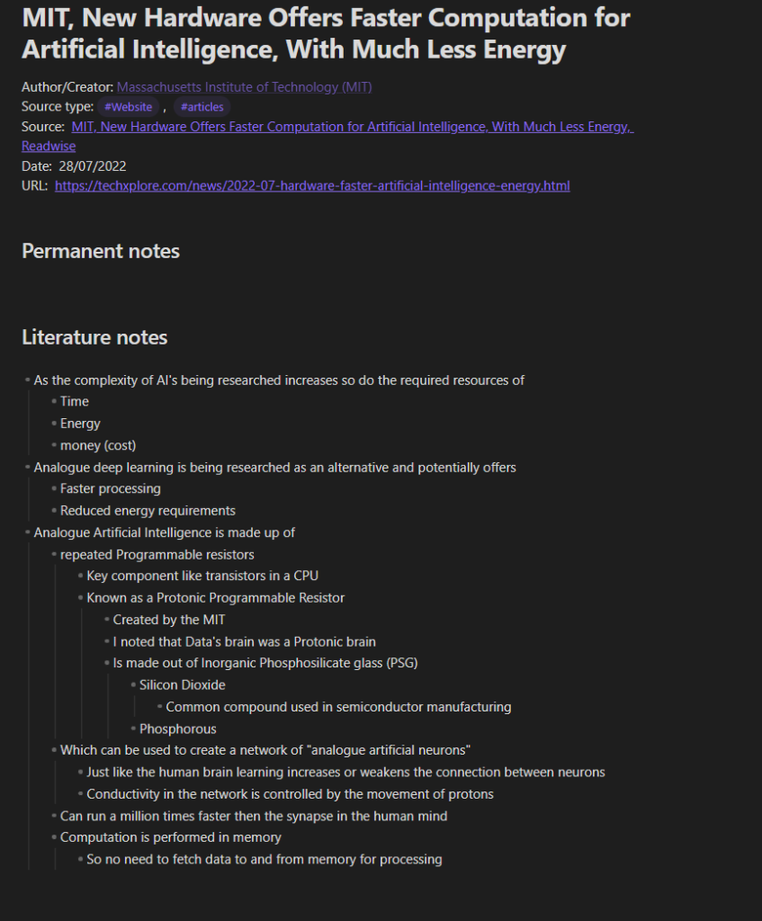 A Literature note in Obsidian