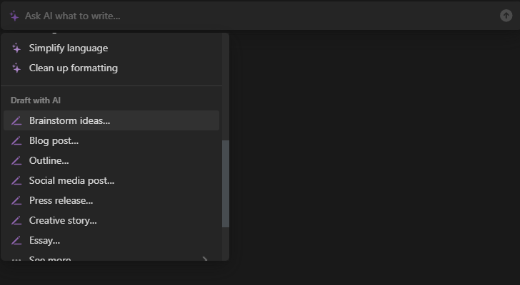 Selecting brainstorm ideas from Notion AI menu