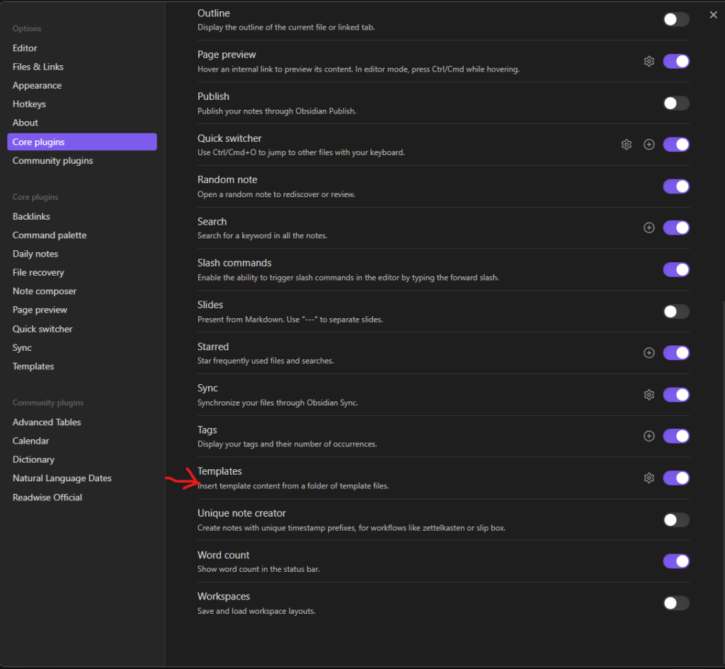 Turning on or off the Obsidian core template plugin