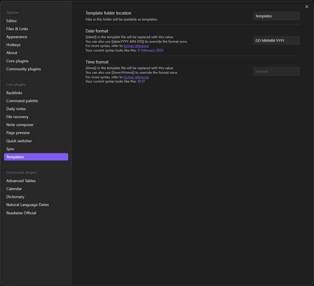 Obsidian core template plugin settings screen