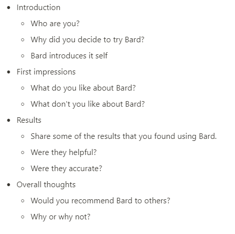 Bard layout for a blog post on my first impression of using Bard AI chatbot.