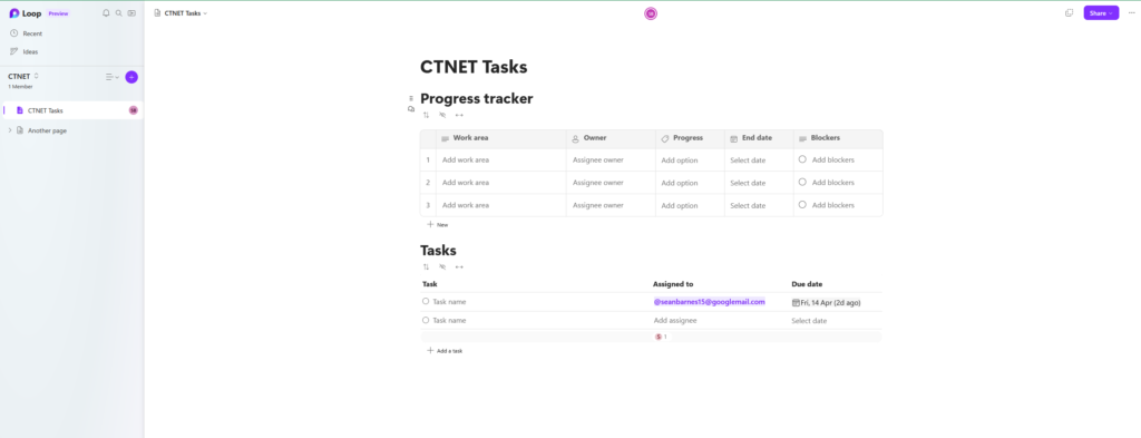 Loop page showing the Progress tracker and task list Loop blocks.