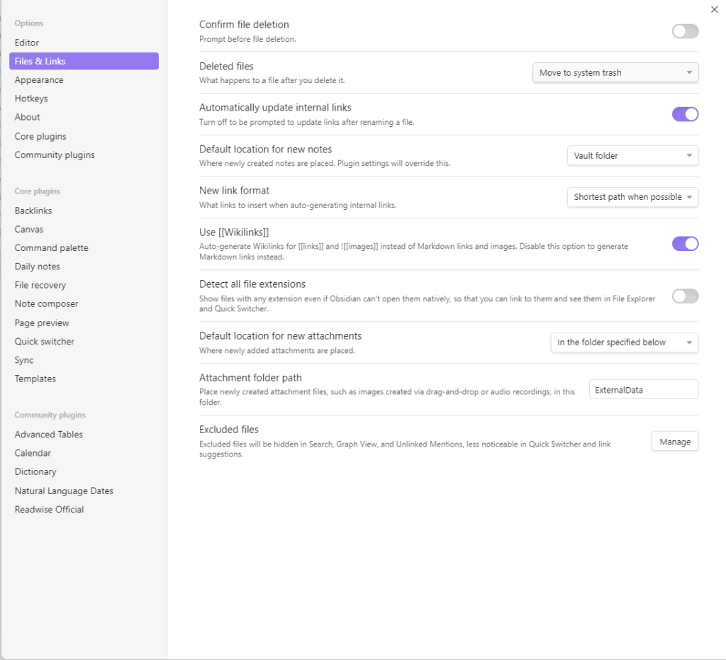 Obsidian settings to manage files and links