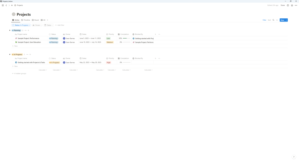 Notion projects page with my active projects being displayed