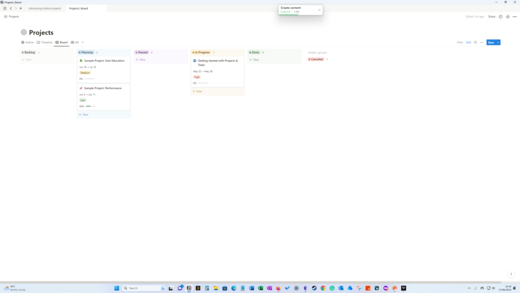 The Notion project board view updated and reordered as suggested.