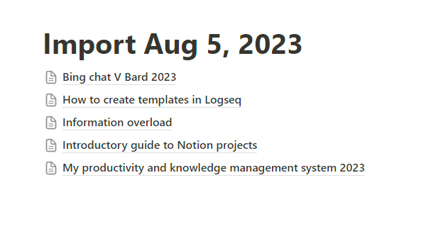 Page created in Notion from importing multiple notes from Obsidian