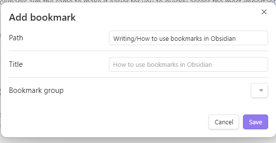 Add a bookmark dialogue box in Obsidian