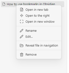 Bookmark menu in Obsidian