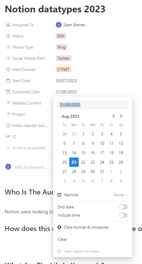 Selecting a date in Notion
