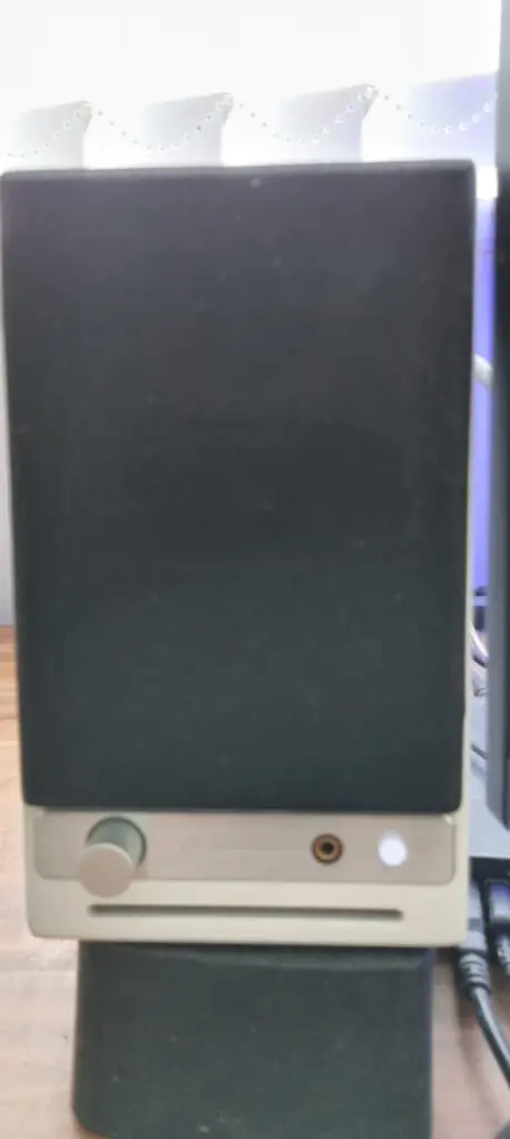 Photograph of my Audioengine HD3 speakers with protective grill.