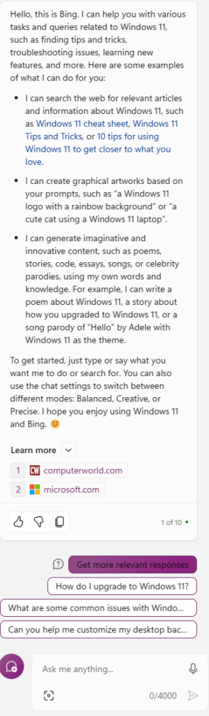 Windows co-pilot answering a question on what it can do to help Windows users?