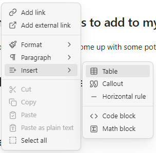 Inserting a table in Obsidian