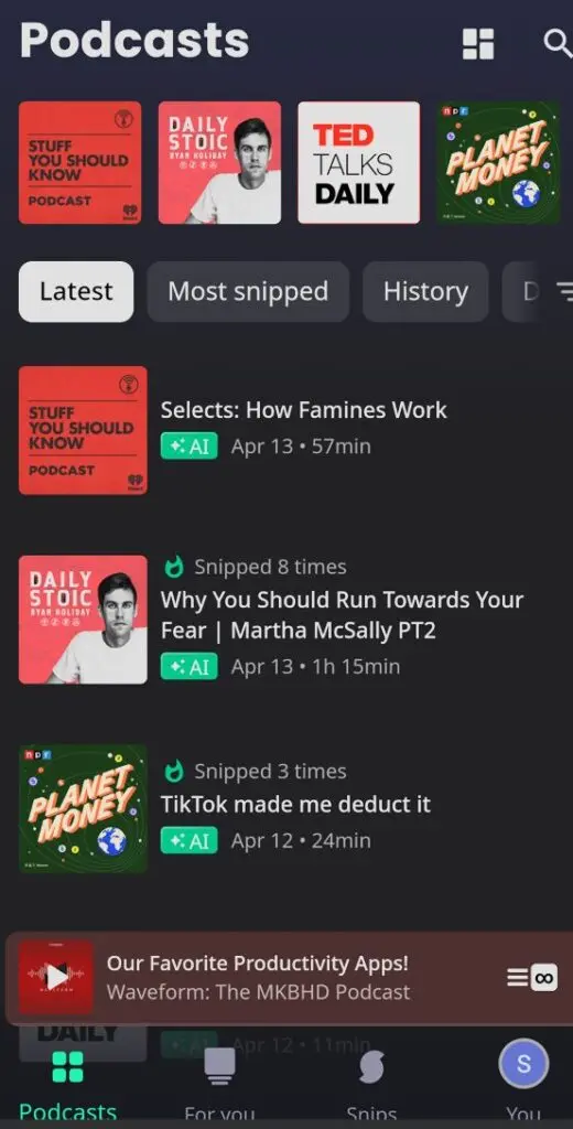 Screenshot of Snipd application running on Android.