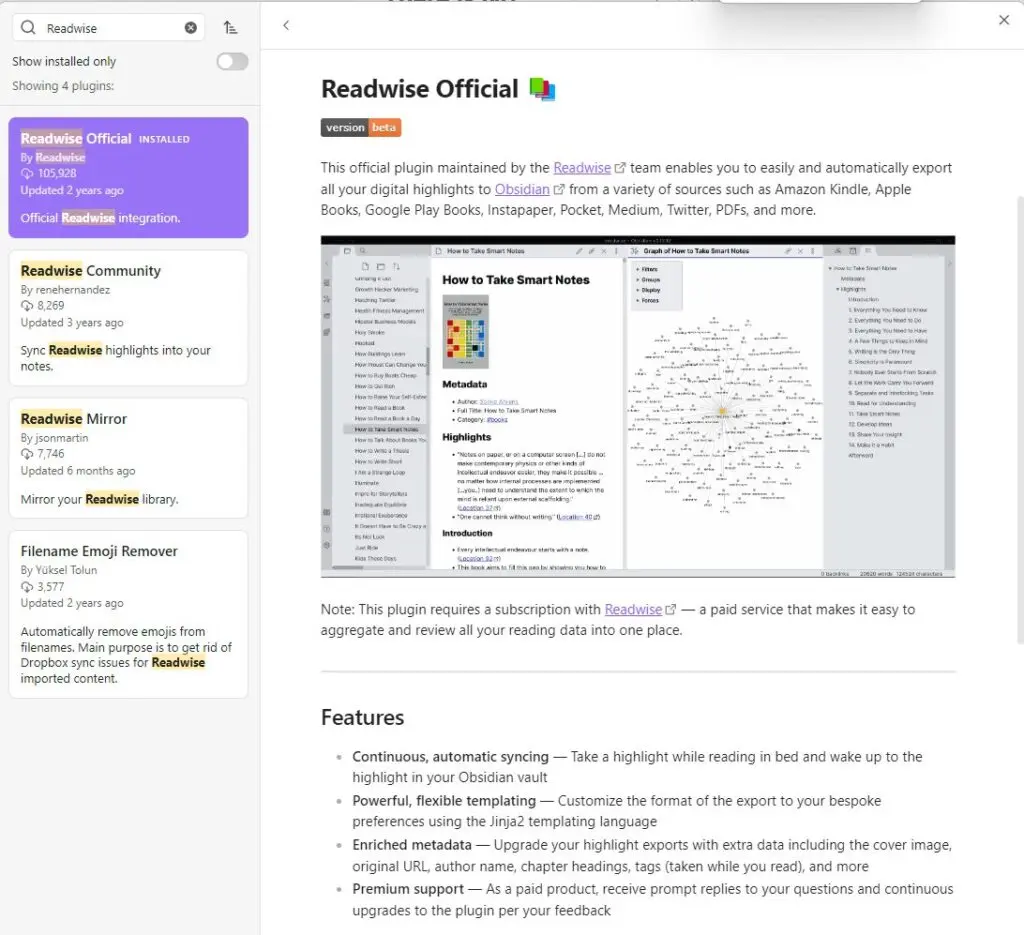 Readwise official community plugin for Obsidian description