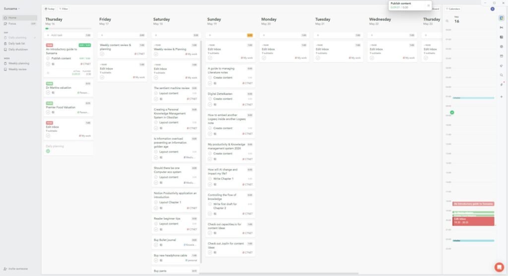 My Sunsama home page showing the tasks and content ideas I'm looking to work on.